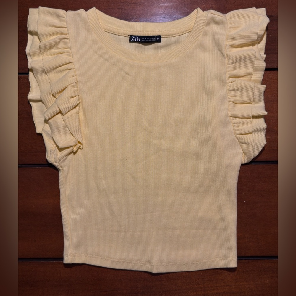 Zara Soft Yellow Ribbed Flutter Sleeve Top